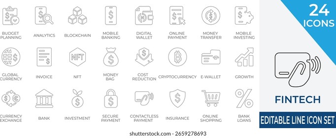 Modern fintech thin line icon set featuring digital wallet, mobile banking, cryptocurrency, and secure payments. Perfect for finance apps, investment tools, and digital banking platforms.