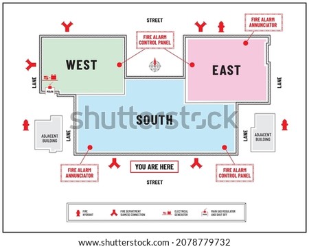 Modern fire emergency plan or evacuation diagram of a commercial complex or shopping mall. Marked locations of fire equipment, gas shut off and generator used for evacuation procedures.