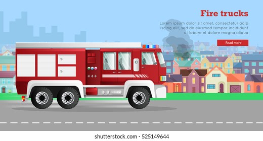  Modern fire engine rides on fire, town buildings, smoke flat vector illustrations