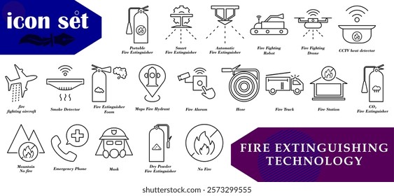 Modern fire extinguisher and technology icon set. Ideal for safety apps, fire websites, educational posters and presentations.