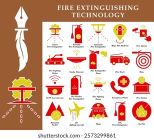 Modern fire extinguisher and technology icon set. With red and yellow colors. Ideal for safety apps, fire websites, educational posters and presentations.