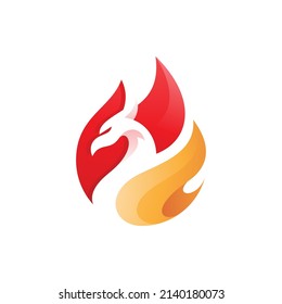 Modern fire or flame and bird head logo design, abstract phoenix vector icon