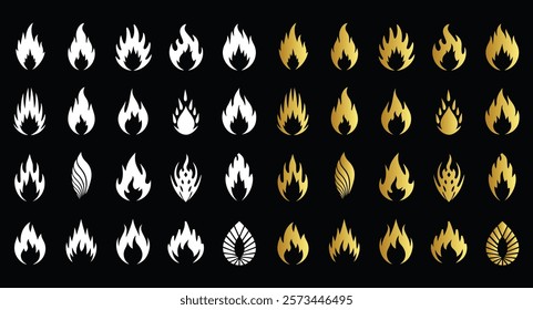 Modern fire icon set elegant white and gold flame designs