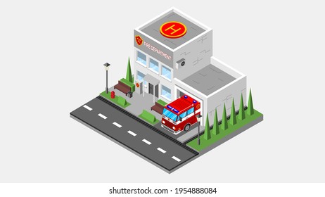 A modern fire station building in an isometric projection. There's a fire truck in the garage. Vector illustration.