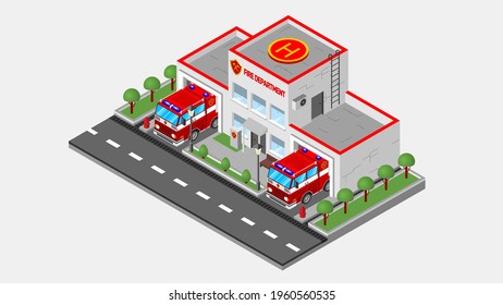 A modern fire station building in an isometric projection. There's a fire truck in the garage. There is a helipad on the roof. Vector illustration.