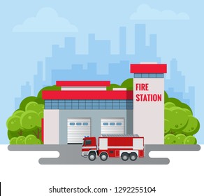 Modern Fire Station Building vector illustration. Fire Department.