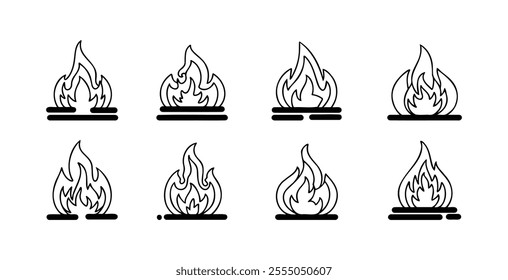 The modern fire symbol is black, flames logo on a white background.