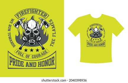 Modern Firefighter tshirt Template. Tshirt print with firefighters helmet, ax, ladder and typography, vector apparel mockup. Fire department rescue team, emergency service black t shirt 