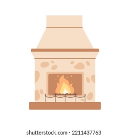 Modern fireplace with burning fire. Indoors chimney, modern fireside, heating system. Winter season leisure. Hand drawn vector illustration