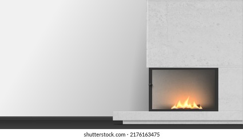 Modern fireplace with burning flame in stylish minimalist interior realistic vector illustration. Luxury Scandinavian furniture room with chimney for warming and cosiness. House apartment marble wall