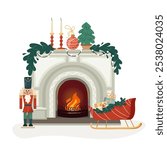Modern fireplace with decor elements and carved iron fence, decorated for winter holidays. Cozy Christmas interior bonfire with nutcracker, gifts, candles inviting warm fire. Vector flat illustration