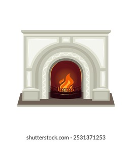 Chimenea moderna con Elementos de decoración y valla de hierro tallada Acogedora hoguera interior de invierno, llamas ardientes que invitan al fuego cálido. Hogar hogar abierto para la comodidad y la relajación. Ilustración plana de Vector