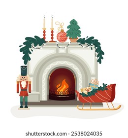 Modern fireplace with decor elements and carved iron fence, decorated for winter holidays. Cozy Christmas interior bonfire with nutcracker, gifts, candles inviting warm fire. Vector flat illustration