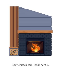 Chimenea moderna, revestida con ladrillo negro y decorada con estante de madera Acogedora hoguera interior, llama ardiente que invita al fuego cálido Hogar hogar para el confort y la relajación Vector ilustración plana