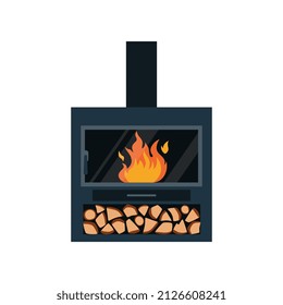 Chimenea moderna con estante para troncos de fuego bajo el hogar, ilustración vectorial plana aislada en fondo blanco. Decoración del hogar y equipamiento de calefacción.