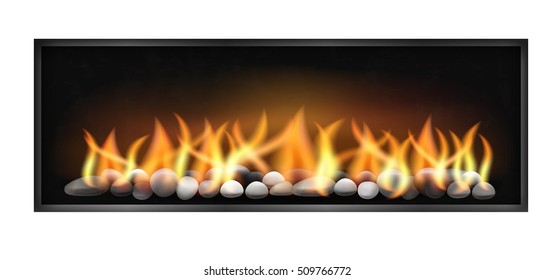 Modern fireplace with wide firebox flames and stones inside. Vector illustration isolated on white background.