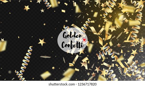 Modern Fireworks Glitter Confetti Card Background. Horizontal Lights Streamers Background. Cool Rich VIP Christmas, New Year, Birthday Party Holiday Pattern. Gold Fireworks Glitter Confetti