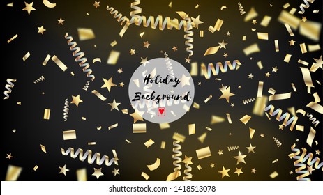 Modern Fireworks Glitter Confetti Card Background. Horizontal Mystical Sparkles Background. Cool Glamour Christmas, New Year, Birthday Party Holiday Scatter. Gold Fireworks Glitter Confetti