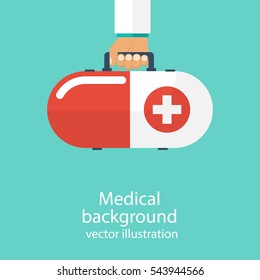 Modern first aid kit in form of capsules in hands doctor, isolated. Medical background. Vector illustration in flat design. Healthcare concept. Medical help. Emergency doctor.