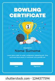 Modern first place bowling certificate diploma with a gold winning cup and place for your content. Isolated on blue background with transparent shadows.