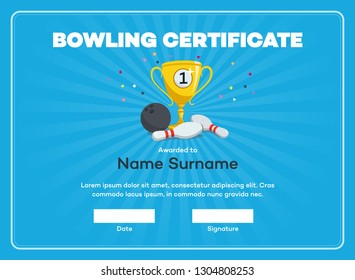 Modern first place bowling certificate diploma with a gold winning cup and place for your content. Isolated on blue background with transparent shadows.