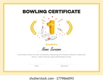 Modern first place bowling certificate diploma with place for your content. Isolated on white background.
