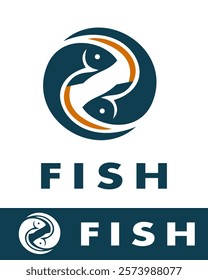 A modern fish logo design featuring two stylized fish in a circular yin-yang inspired shape with bold lines and orange accents