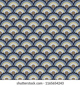 Modern fish scales squama background, vector seamless fabric pattern, tiled textile print. Vintage chinese squama scales seamless arc tiles surface. Reptile skin pattern.