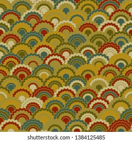 Modern fish scales squama background, vector seamless fabric pattern, tiled textile print. Traditional japanese squama scales seamless arc tiles motif. Fabric print pattern.