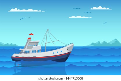 Modern fishing boat flat vector illustration. Empty vessel floating on waves side view. Fishery industry, commercial transport in bay. Personal nautical vehicle in harbor. Outdoor recreation