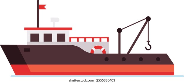 Modern fishing boat floating on water, featuring a crane with hook, red flag, lifebuoy, and navigation equipment, representing commercial fishing industry and maritime activities