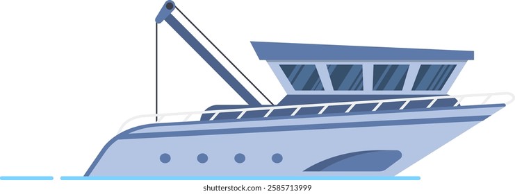 Modern fishing boat sailing across the sea, featuring a crane designed for commercial fishing. Isolated vector illustration capturing the essence of the seafood industry