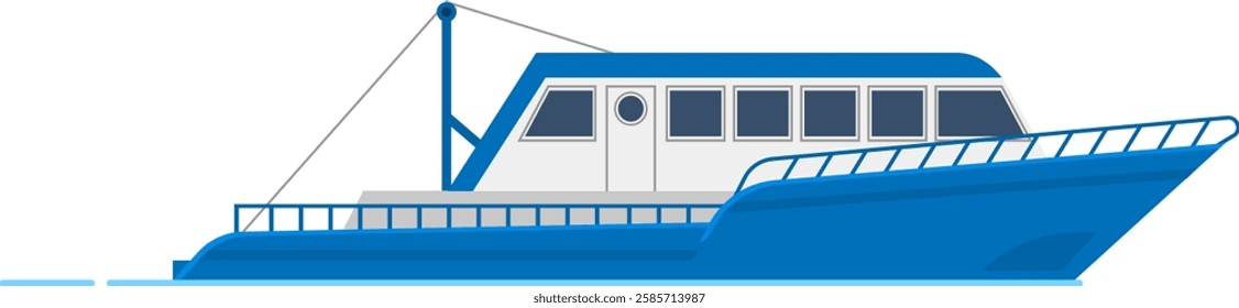 Modern fishing boat sailing on calm sea water, representing commercial fishing vessels used in the seafood industry, featuring railings, windows, and a crane for efficient operations