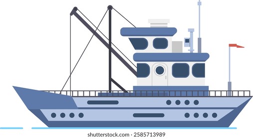 Modern fishing boat sailing on the sea, commercial fishing ship for seafood industry, fisher sea boat for ocean water, shipping seafood industry boat isolated vector illustration