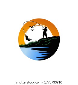 Modern fishing logo. Logo for fisherman. fish on a fishing hook illustration. fish on the rod illustration.