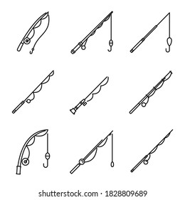 Modern fishing rod icons set. Outline set of modern fishing rod vector icons for web design isolated on white background