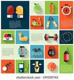 Modern fitness colorful flat icons with long shadow .Vector Design