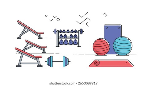 Coleção moderna de equipamentos de aptidão para treinamento de força e rotinas de exercício, incluindo bancos ajustáveis de calabouços e bolas de exercício