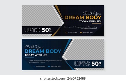 Modern fitness gym training facebook cover web banner design template for social media online workout ads growth marketing promotion bundle set, fully editable layered vector with place for photos