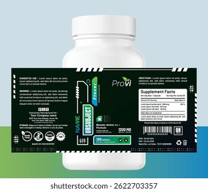 Modern fitness supplement packaging label for gym bodybuilding capsules with tech-inspired visuals, ideal for gym nutrition, energy, and athletes boosters.