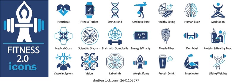Modern fitness vector set with gym, workout, training, exercise, health icons — perfect for apps, prints, and websites.