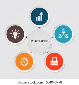 Modern five circle infographic options with arrows. 5 steps data vector illustration with icons. For workflow layout, diagram, business, banner, web design.