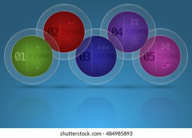 Modern five steps business timeline infographics in rounded shape with transparent glass outer circle on gradient blue backdrop with reflection. 5 options colorful rounded diagram with outline icons.