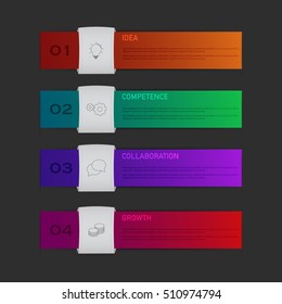Modern five steps infographics with outline icons and ribbons in origami style. 5 step colorful business timeline diagram with bulb, gear, doodle, coins and dropped shadow.