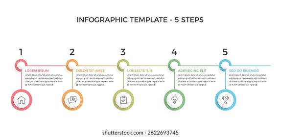 Modern five-step infographic template with numbered sections and circular icons, vector eps10 illustration