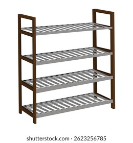 Modern five-tier shelving unit with wooden frame and metal slatted shelves
