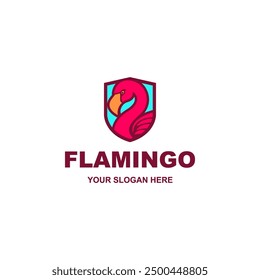Modern flamingo inside the shield logo design vector isolated on white background
