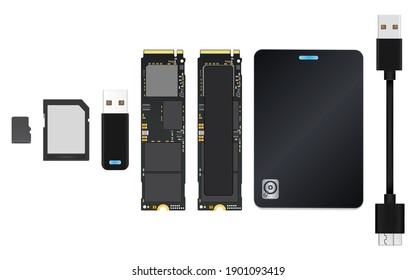 Modern of flash memory device set (Micro SD Card ,SD Card ,Flash Drive ,NVMe M.2 PCI-Express (PCI-E) Solid State Drive (SSD) ) and External Harddisk drive with USB3 cable Isolate on white background.