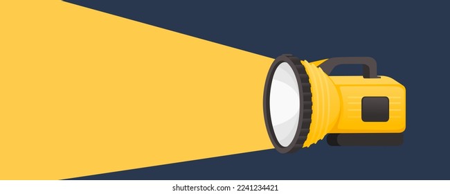 Modern flashlight emergency lamp with light beam vector illustration on dark background