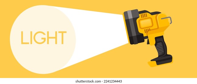 Modern flashlight emergency lamp with light beam vector illustration on yellow background